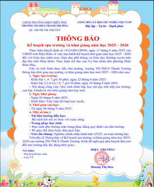 THÔNG BÁO ĐẦU NĂM TRƯỜNG  TH-THCS THANH TRƯỜNG NĂM HỌC 2025-2026
